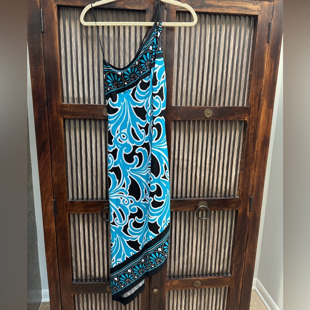 NWOT Cache Stylish One-Shoulder Dress with Blue, White and Black Pattern -Size 6